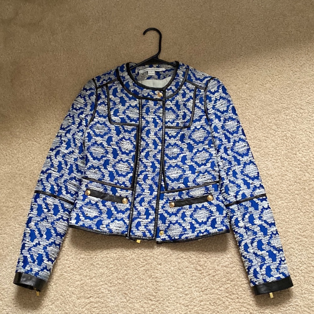 Diane von Furstenberg Maelee Leather Trim Blue Diamond Tweed Boulce Jacket 0 XS